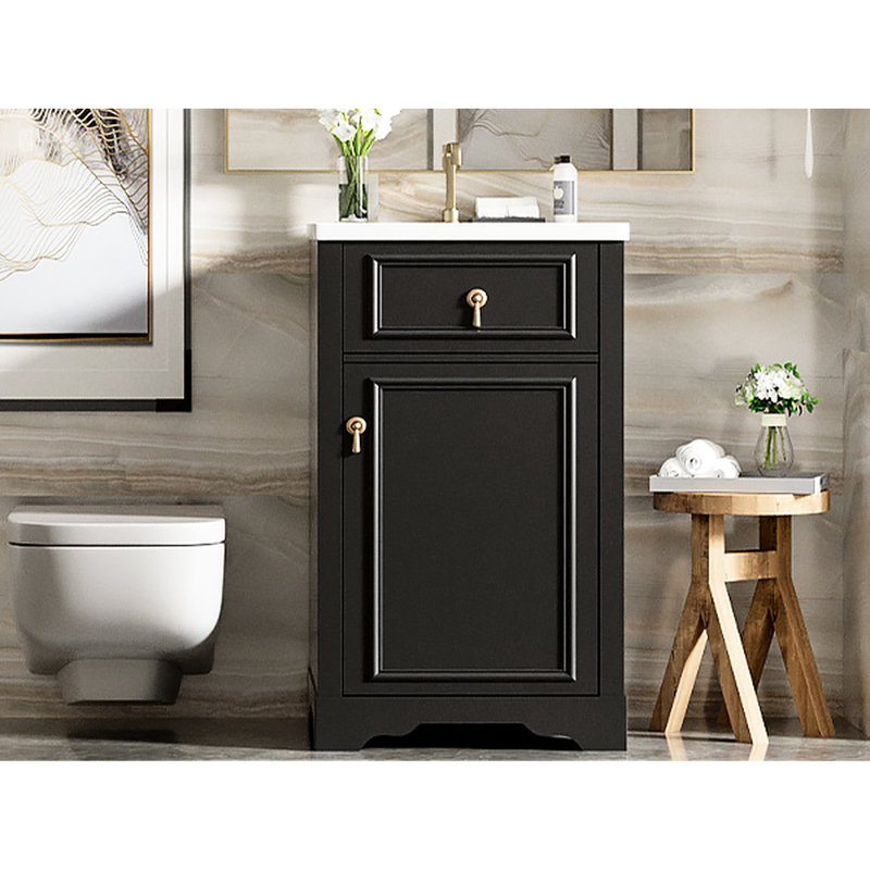 Meuble-lavabo compact de 20 pouces avec lavabo en céramique, structure en bois massif et tablette ajustable. Petit espace amélioré. Attrait moderne. Porte à fermeture en douceur, tablette. Porte-porte. Finition noire.