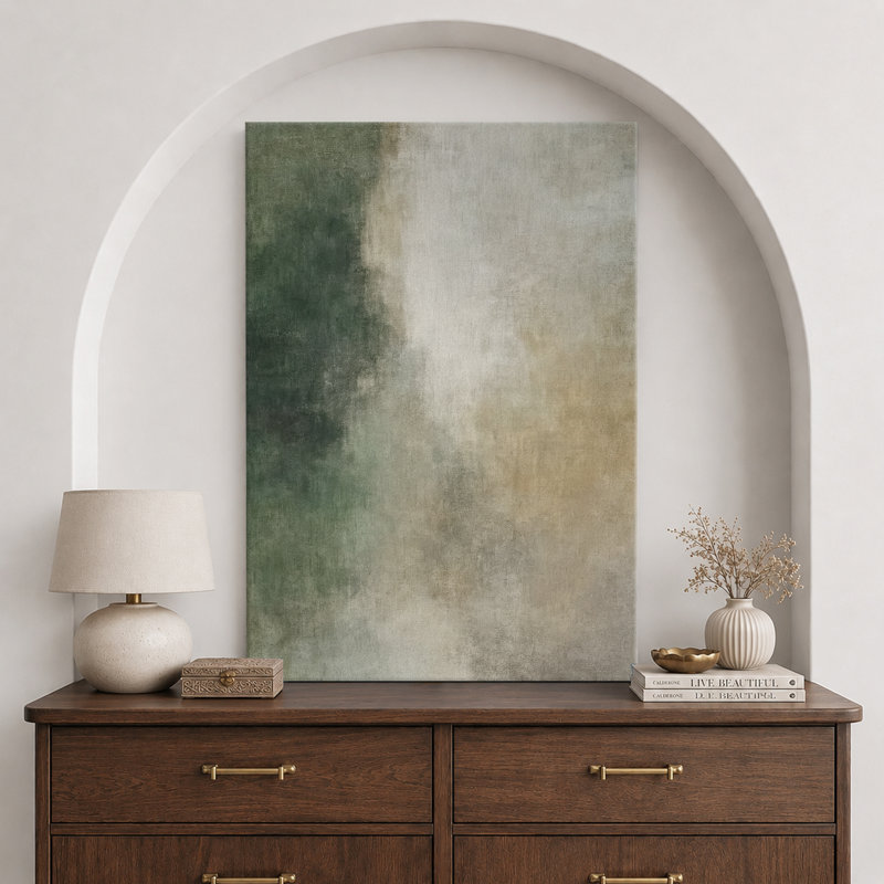 Deep Forest Green and Soft Neutral Fade for Modern Minimal Decor – Pictures Framed Canvas Print Wall Art, Wrapped Canvas