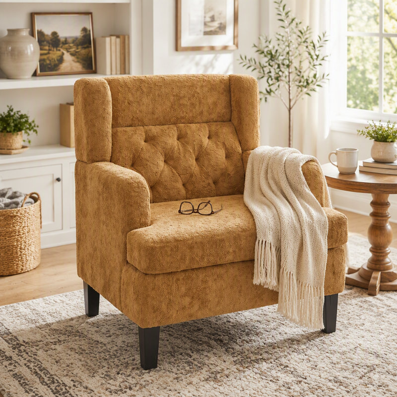 Fauteuil d'appoint rembourré capitonné pour le salon et la chambre à coucher, Tissu moelleux orange