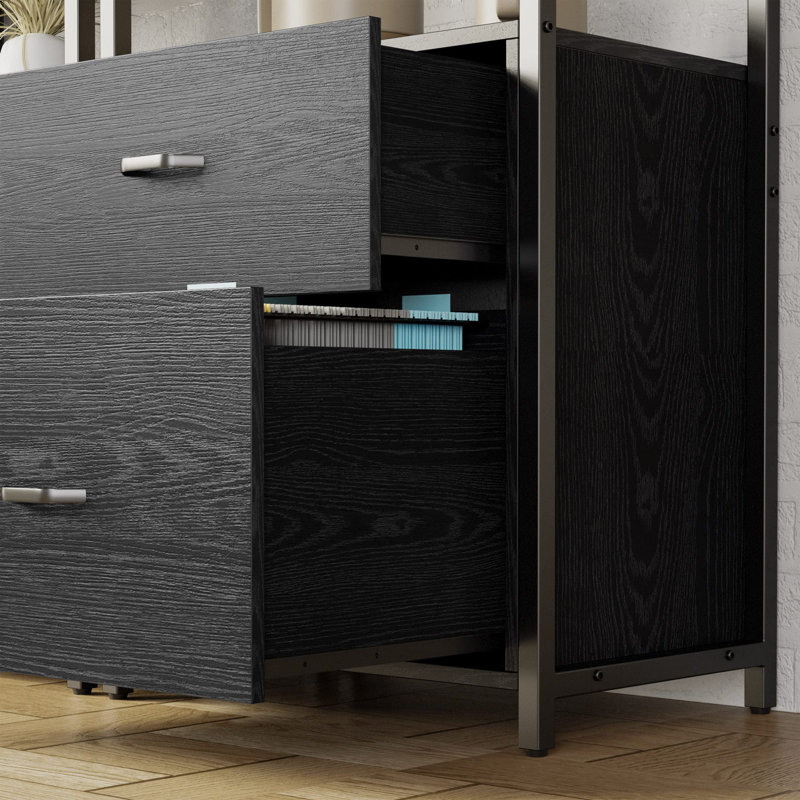 Jayger Industrial Bookcase with File Cabinet Drawers, Black, (4 Shelves) 72" H x 24" W x 16" D