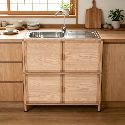 Freestanding Multi-Functional Stainless Steel Sink Cabinet For Laundry Room And Outdoor Washing Station Use.