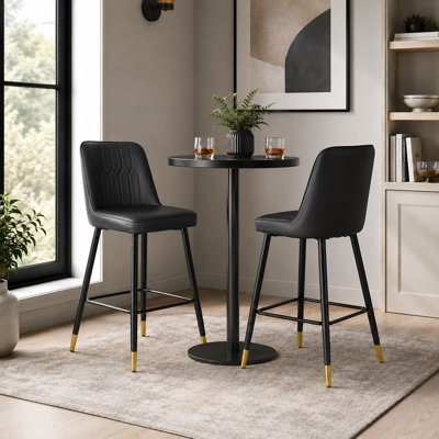 Mid-Century Modern Faux Leather 27" Bar Stools with Metal Legs (Set of 2)