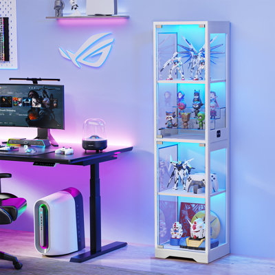 Display Cabinet with Glass Door, 4-Tier Curio Cabinet with 3 Color Lights