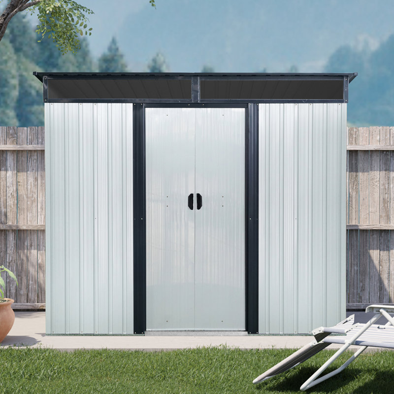Outdoor Metal Storage Shed. Construction. -. Foundation For Stability. Lawn With Sliding Doors Spacious Tool Storage. -proof. Ideal Patio