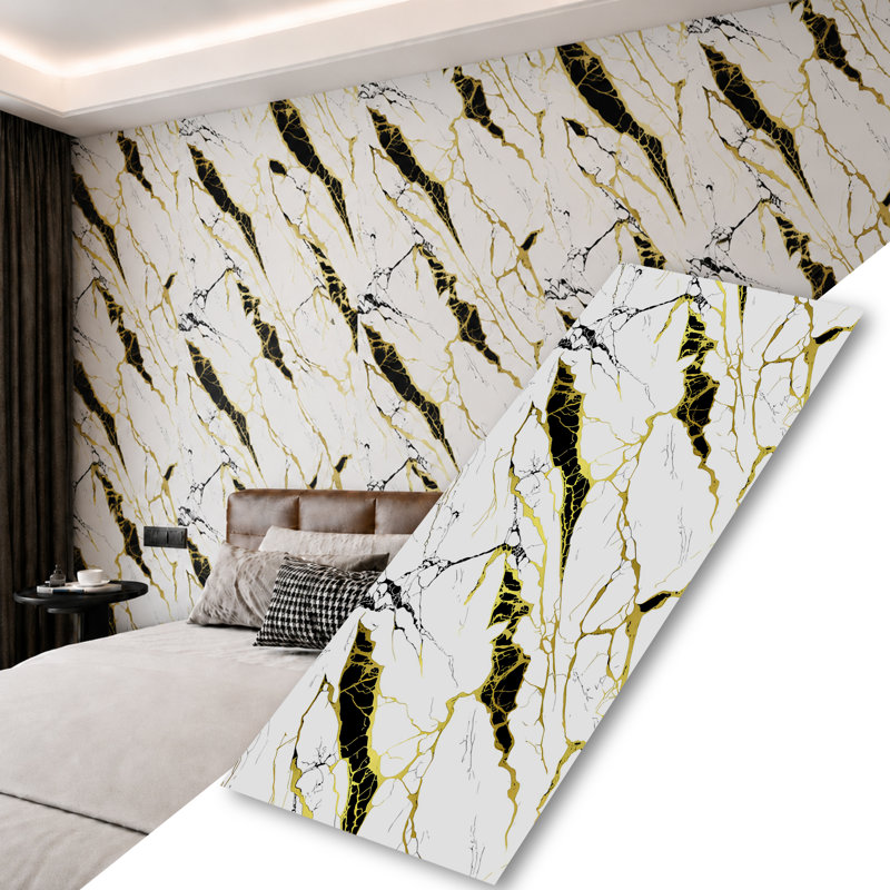 Panneaux muraux brillants en faux marbre UV Falkirk Irvine IV 4' x 9', coloris blanc, or et noir (paquet de 5)