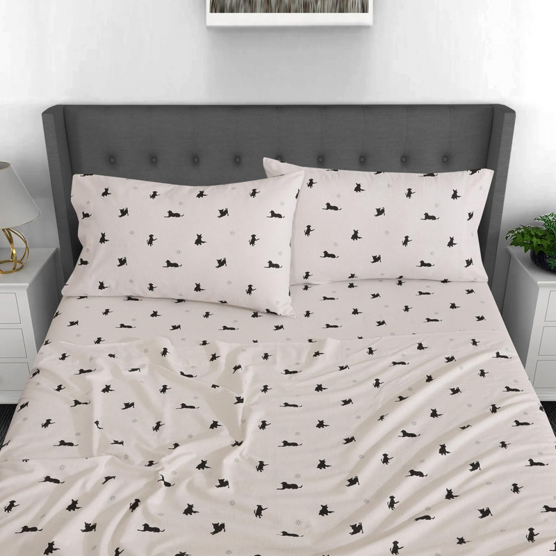 Ensemble de draps 100% flanelle 4 pièces, Ensemble de draps pour lit simple avec quatre piè, Imprimé chien noir / animal