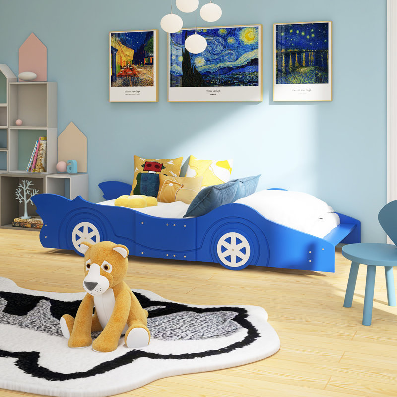 Race Car-Shaped Platform Bed with Wheels, Blue, Twin