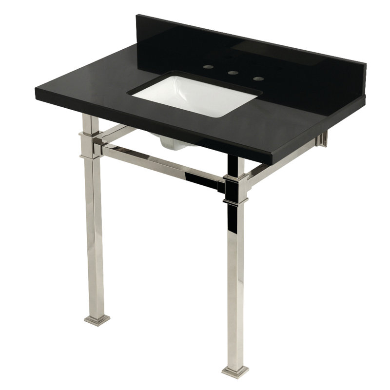 Kingston Brass Monarch 36-Inch Black Granite Console Sink with Stainless Steel Legs (8-Inch, 3-Hole), Polished Nickel