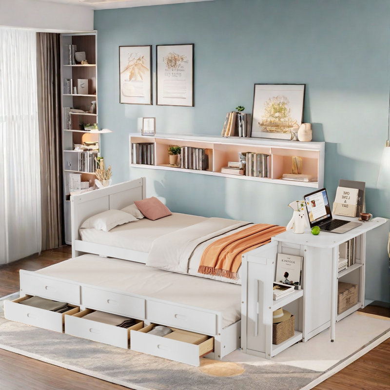 Matheny With Desk And Storage Shelves, Built-in Trundle And 3 Drawers, White