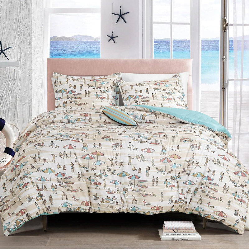 Ensemble de literie brodée beige et bleu, Édredon grand + 2 taies décoratives grand + 1 co