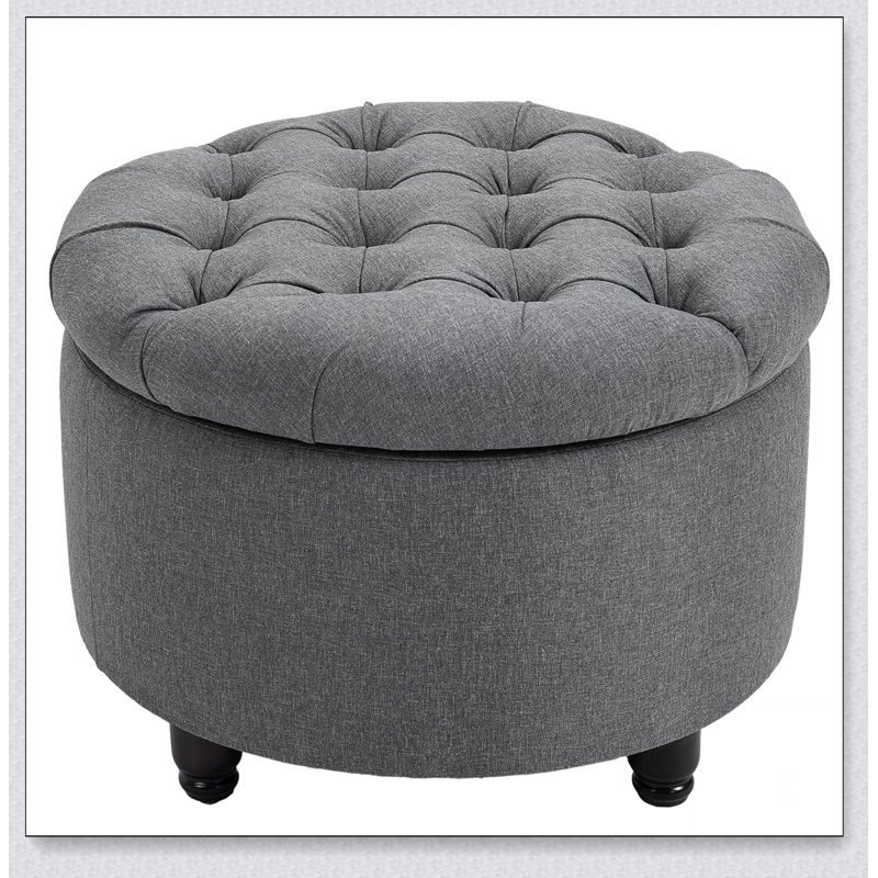 Round Linen-touch Fabric Storage Footstool Ottoman Button Tufted Footrest with Removable Lid, Grey