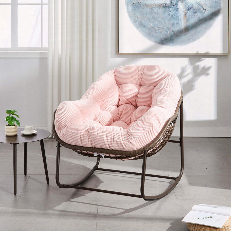 Chaise berçante surdimensionnée en rotin tissé à la main avec coussin rembourré, Rose