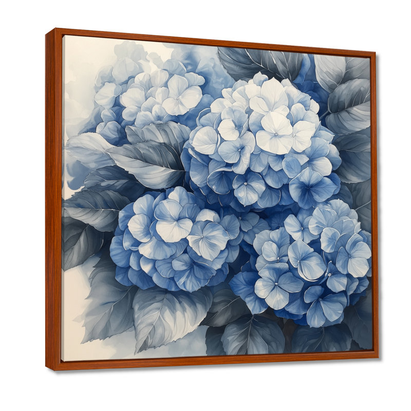 Hortensia grappe avec pétales bleus I - hydrangées, art mural sur toile, H 36 po x l 36 po, Impression encadrée flottante