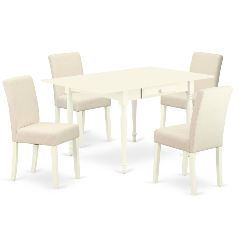 L'ensemble de mobilier de salle à manger 5 pièces comprend une table de salle à manger rectangulaire avec Dropleaf et 4 chaises rembourrées en tissu beige clair, 36 x 54 pouces, blanc lin