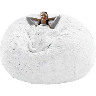  5Ft Bean Bag Chair Cover – Soft Fluffy PV Velvet Round Sofa Bed Cover With Storage, Stain Resistant, White