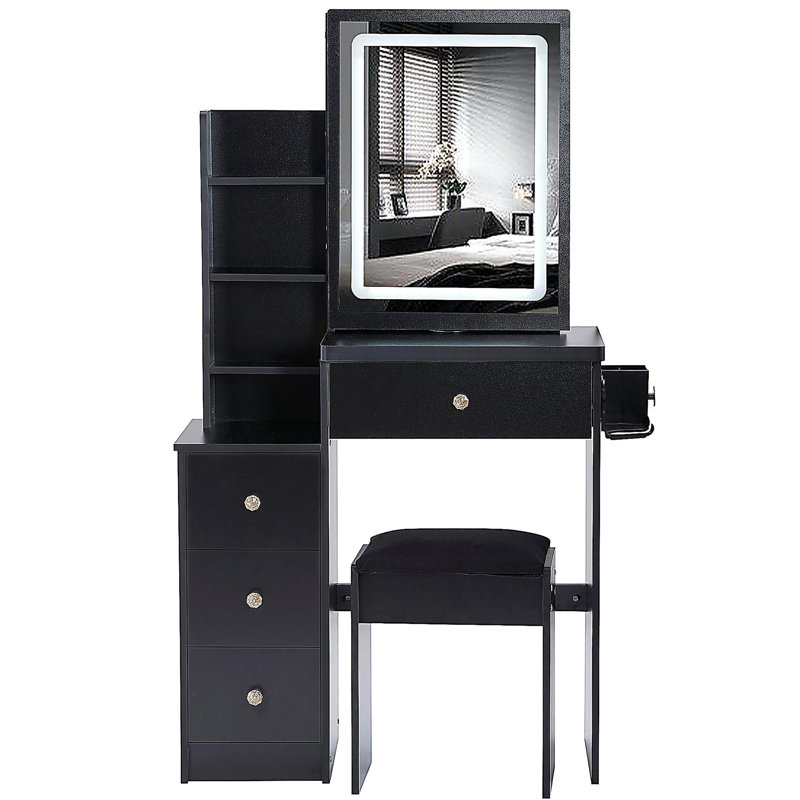 Petit meuble-lavabo de petite taille avec tabouret de chevet gauche, tabouret 2 AC + 2 USB, support pour séchoir à cheveux, très grand miroir à DEL coulissant à commande tactile, interrupteur tricolore, réglage de la luminosité