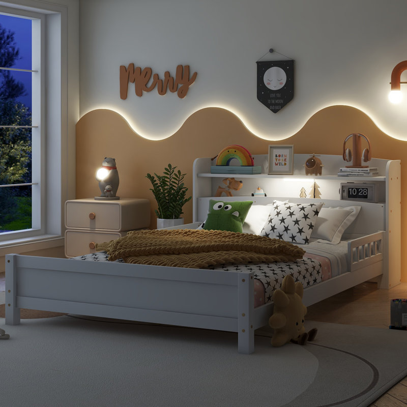 Marquece Wood Bed with Bookcase Headboard and LED Motion Sensor Light, Full, White