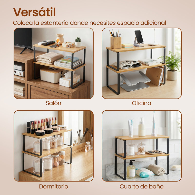 2-Pack Stackable Expandable Cabinet Shelf Organizers, Kitchen Counter Storage Riser & Spice Rack for Pantry and Cupboard