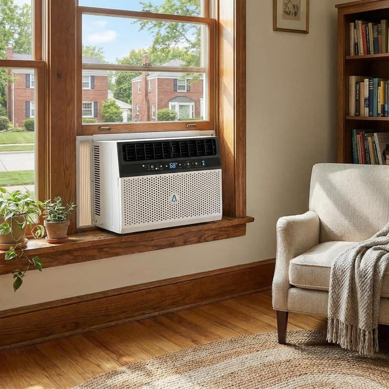 Climatiseur de fenêtre intelligent 12 000 BTU avec Wi-Fi, climatiseur écoénergétique, refroidissant jusqu'à 600 pieds carrés Pieds carrés, déshumidificateur et ventilateur intégrés, mode veille, minuterie 24H, filtre lavable, installation facile