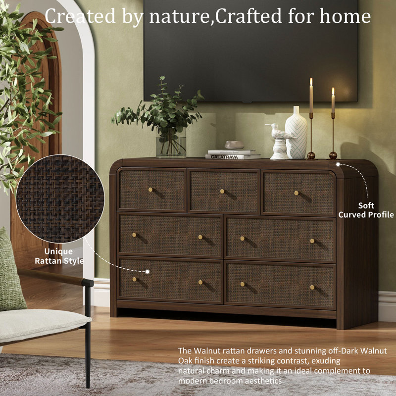 Cevat Rattan 7-Drawers Dresser，Thickened Curved Profile Design, Walnut