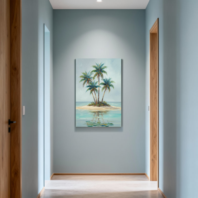 Plantes et fleurs, île tropicale avec palmiers et eau claire, H 12 po x l 18 po