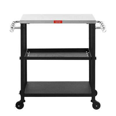 3-Tier Adjustable Grill Cart with Stainless Steel Tabletop – Outdoor Mobile Kitchen Stand with Wheels, Rolling BBQ Table for Patio, Backyard by Feasto