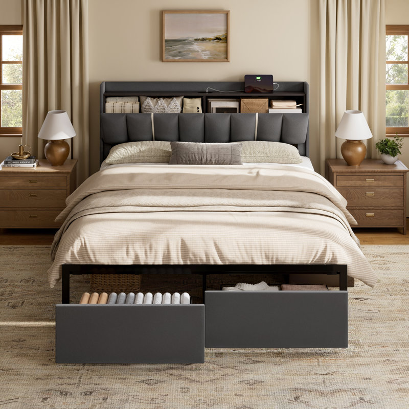 Upholstered Full Bed with 2 Drawers and Open Storage Headboard，Platform Bed with Charging Station, No Spring Boxing Needed, Gray