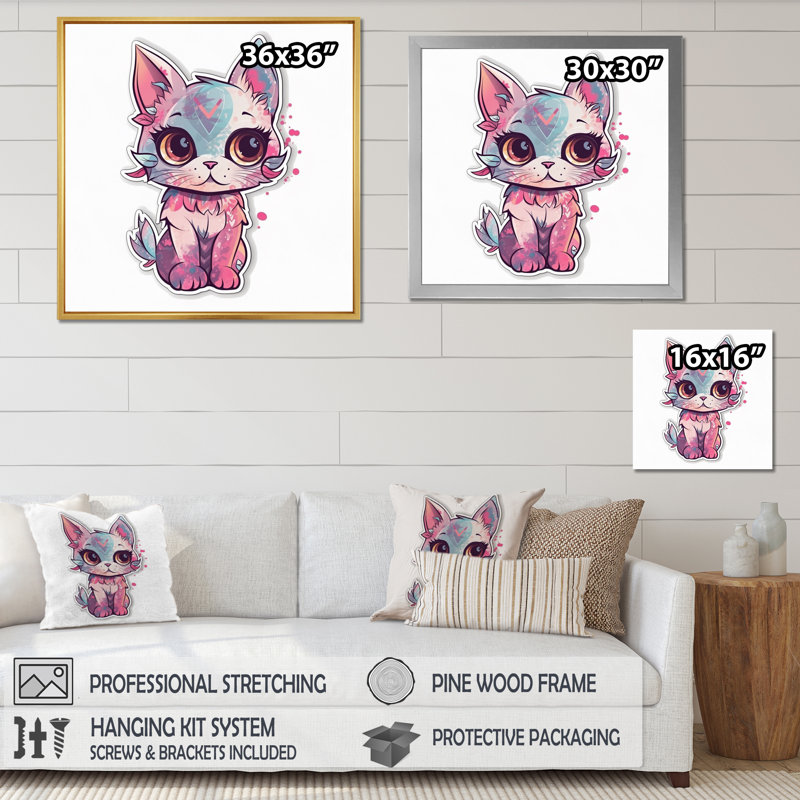 Illustration d'un chat chaton rose sur toile, H 16 po x l 16 po x P 1 po, Cadre flottant doré