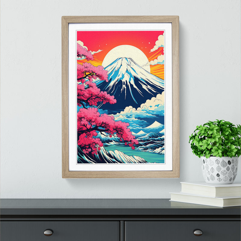 Mount Fuji Pop - Single Picture Frame Print on Wood, Oak, 64cm H x 46cm W x 2cm D