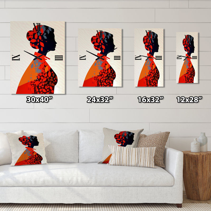Red Silhouette With Autumn Leaves - Modern Woman Wall Clock, Extra Large