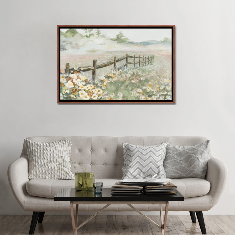 « Clôture avec fleurs » par Patricia Pinto, reproduction d’art, Pas de tapis, Toile avec cadre en bois brun classique