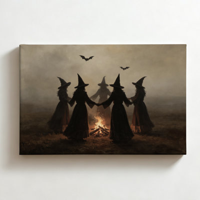 Sorcières autour d'un feu, tableau sombre et mystérieux sur toile, décoration murale gothique pour Halloween, salon ou chambre, 50 x 75 cm