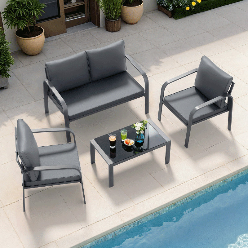 Patio Furniture Set, 4 Pieces Outdoor Patio Conversation Set with Coffee Table and Cushions for Poolside Balcony, Dark Gray