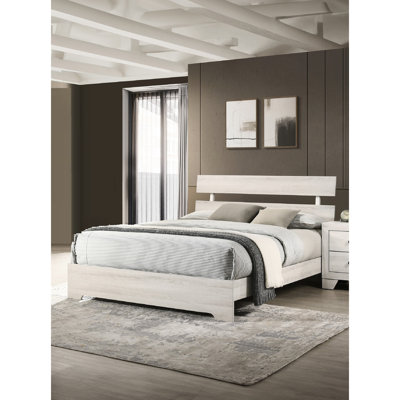 Lit plateforme simple rustique, finition blanc délavé, conception à profil bas, bois massif, lit contemporain pour cadre de chambre de jeunes, meubles robustes