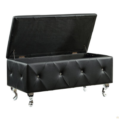 Black Tufted Bonded Leather Storage Bench with Crystal Decor, Upholstered Bedroom Bench Ottoman with Hidden Storage for Entryway Bed End Living Room