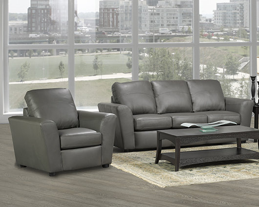 Canapé à accoudoirs évasés en cuir véritable Lidiya, Gris, H 36 po x l 87 po x P 37 po