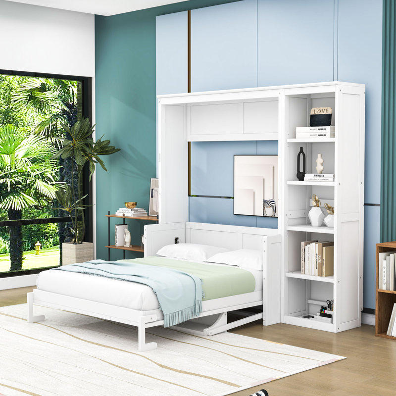 Lit escamotable mural Ell Elletsville avec tablettes, Grand, Blanc, Un lit et une armoire de rangement latérale avec