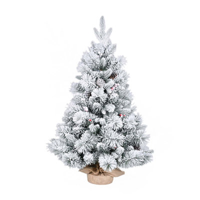 Arbre de Noël enneigé 3 pi avec branches en pin, pommes de pin et Berrie rouge