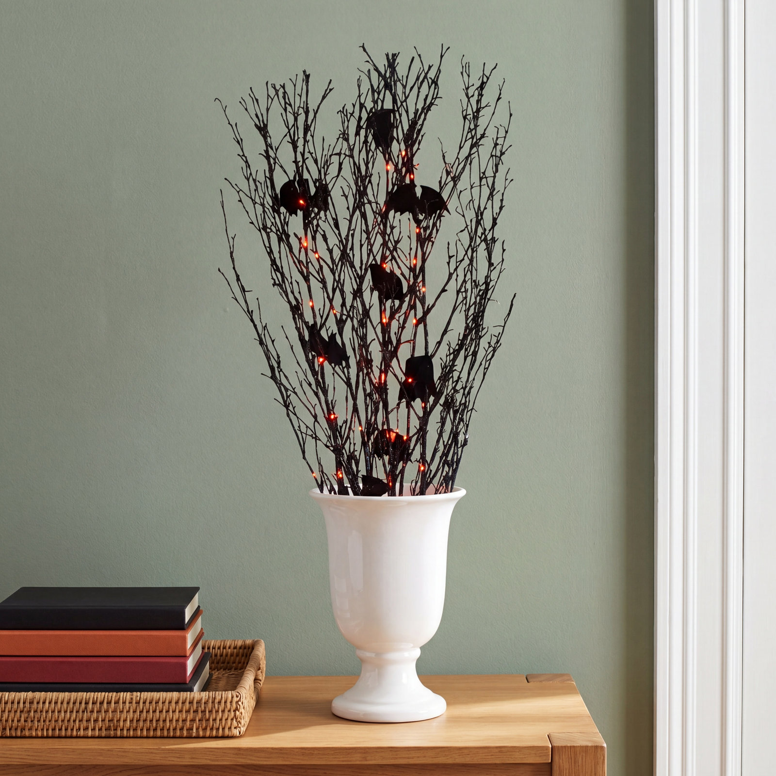 4' Black Glittered Halloween Branch with Bats - Orange LED Lights