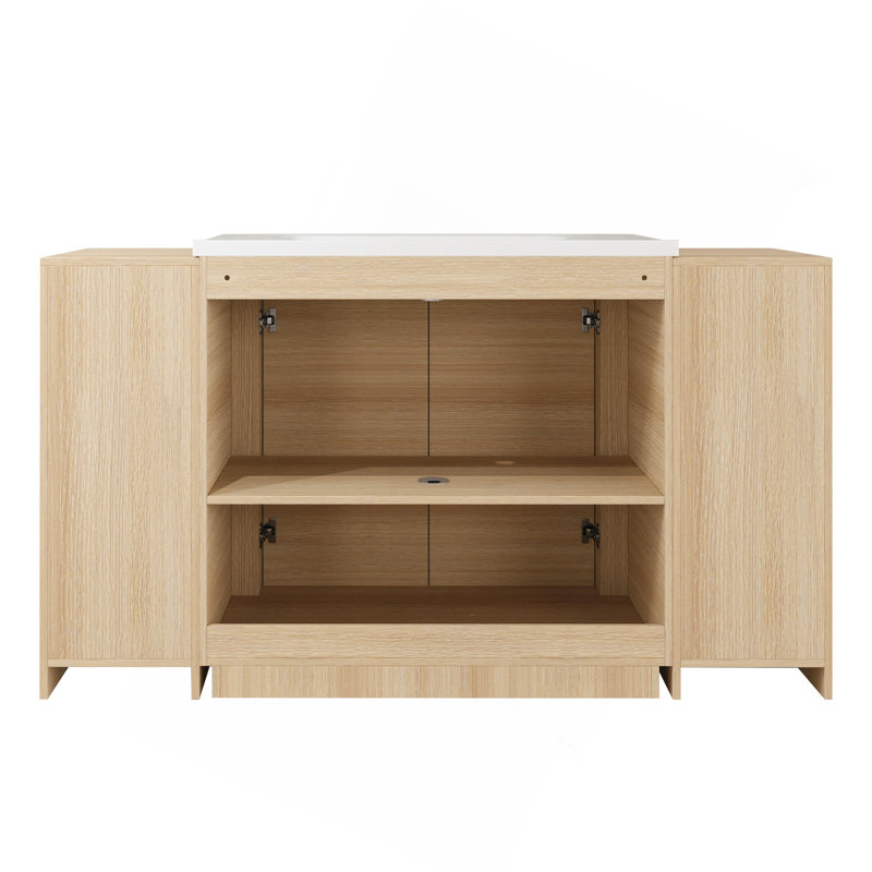 Ensemble de meuble-lavabo autoportant 60 po avec lavabo en céramique blanche 60 po, 2 petites armoires de rangement, porte à fermeture douce, chêne blanc américain, contreplaqué