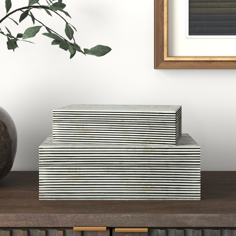 Set of 2 Pinstripe Storage Boxes 10" & 12", White and Gray Polyresin Decorative Keepsake Boxes