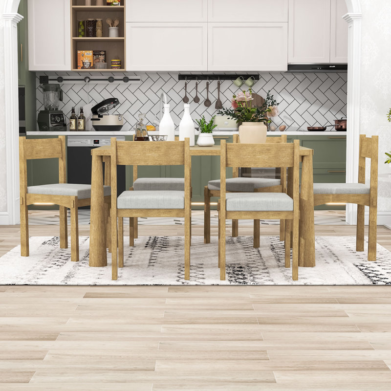 Ensemble de table de salle à manger 7 pièces avec 6 chaises rembourrées, Bois naturel délavé