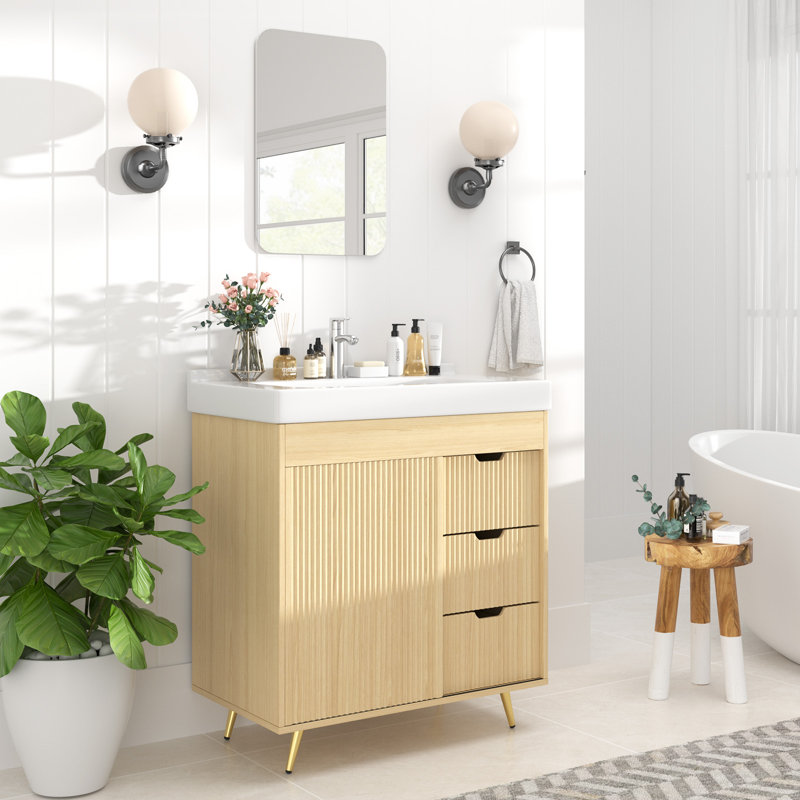 Meuble-lavabo 32 po, meuble-lavabo simple moderne avec comptoir en céramique et miroir, meuble-lavabo autoportant, blanc, naturel