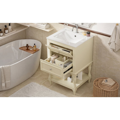Meuble-lavabo de 20 po avec lavabo en céramique, armoire de rangement avec tablette ouverte, armoire de salle de bain rétro avec 2 tiroirs