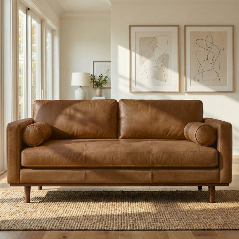 Morrison Genuine Leather Sofa, Mid-Century Modern Couch for Living Room, Handcrafted with Removable Cushions, 72" W