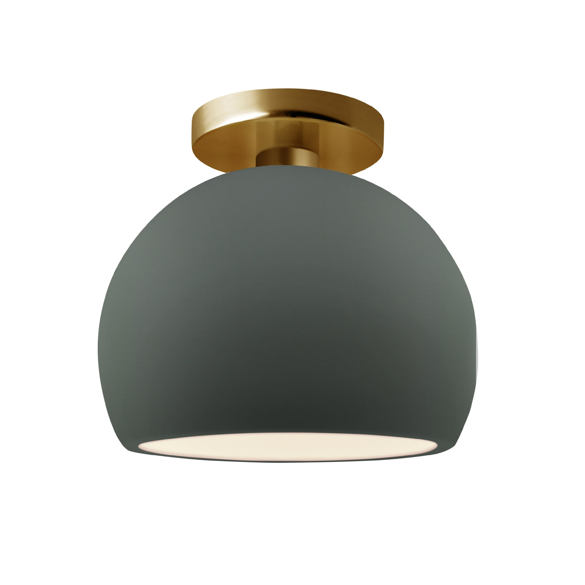 Single Light Ceramic LED Semi Flush Mount, Pewter Green, 7" H x 7" W x 7" D, Brushed Brass