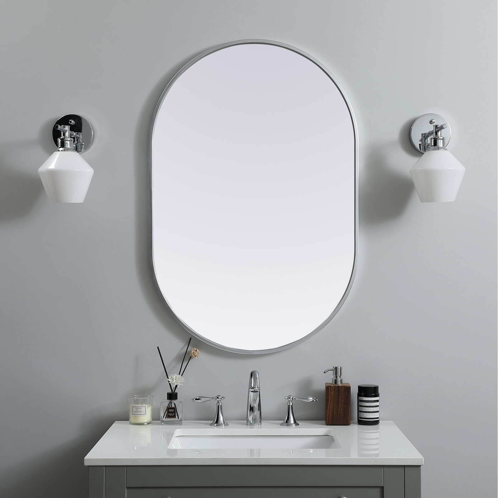 Sabine Metal Pill Wall Mirror, Silver, 36" x 24"