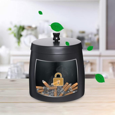 Cendrier solide avec couvercle anti-odeurs, cendrier sans fumée pour l'intérieur, cendrier en acier inoxydable à l'épreuve du vent et de la pluie, plateau à cendres pour l'extérieur de la maison (noir, petit)