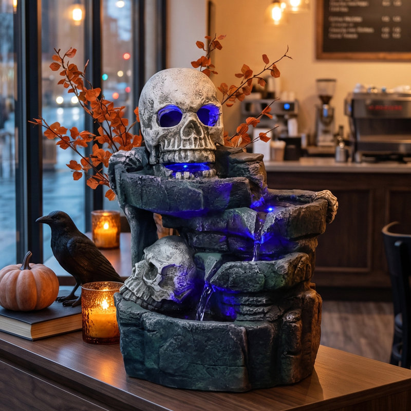 Fontaine de bureau d'Halloween avec écoulement de crâne à DEL, cascade de crâne en cascade avec DEL bleue