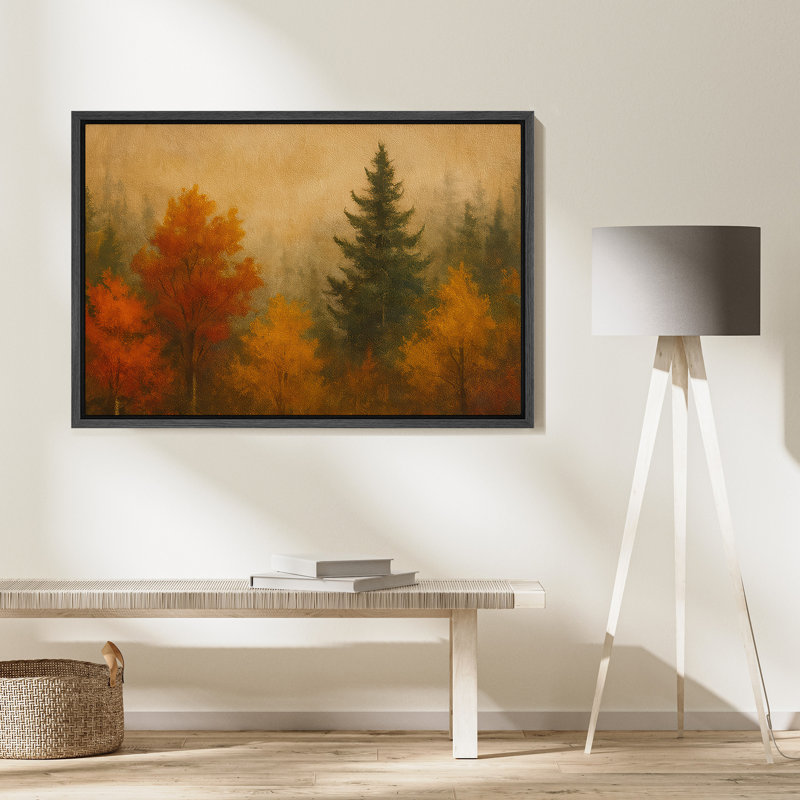 «Golden and Amber Autumn Trees Misty Forest Landscape», reproduction d'art sur toile encadrée, H 16 po x l 24 po
